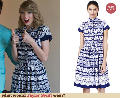 Oscar de la Renta Short Sleeved Lace Print Shirtdress worn by Taylor Swift