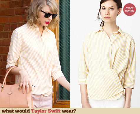 Steven Alan Crossover Shirt in Wheat Stripe worn by Taylor Swift