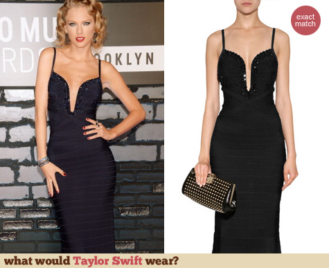 Taylor Swift Fashion: Herve Leger Plunge neck bandage gown worn at the MTV VMAs 2013
