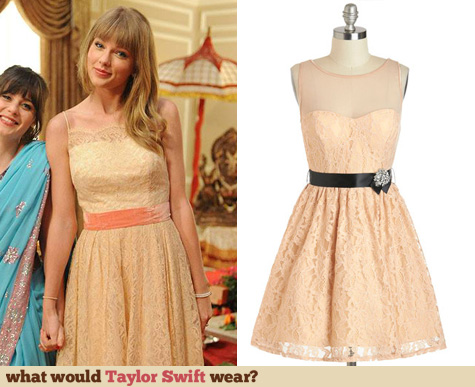 Taylor Swift Fashion: Yellow lace dress on New Girl
