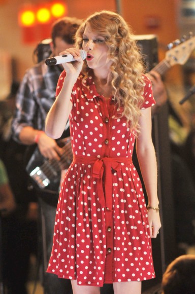 Taylor Swift in a red polka dot dress