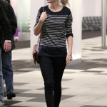 Striped Sweater, Jeans and Brown handbag