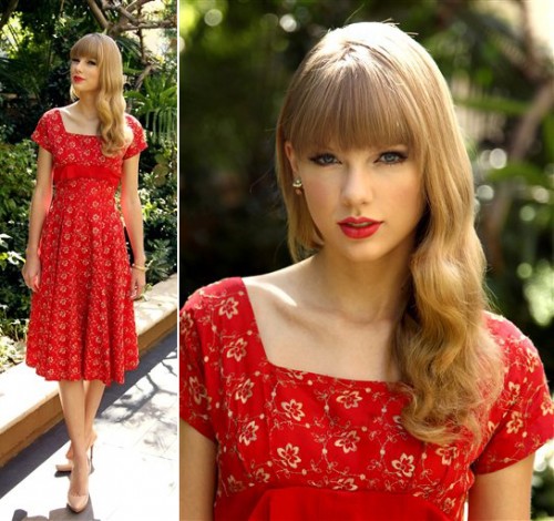 Taylor Swift's red and cream floral dress with bow