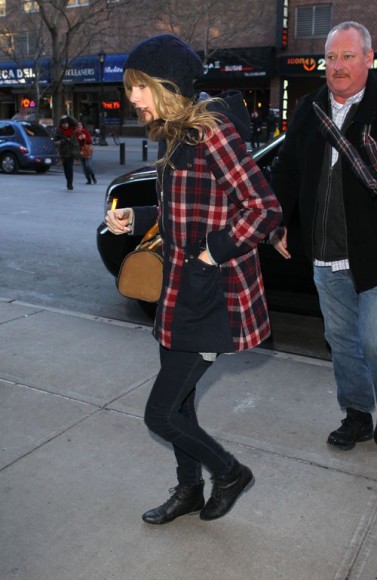 Taylor Swift in New York wearing an Anthropologie coat